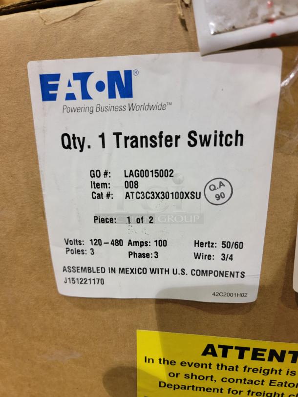 Eaton ATC-300 Transfer Switch, 3-phase, 120-480V, 100 Amps, new in box. Features display and manual controls. Made in Mexico.