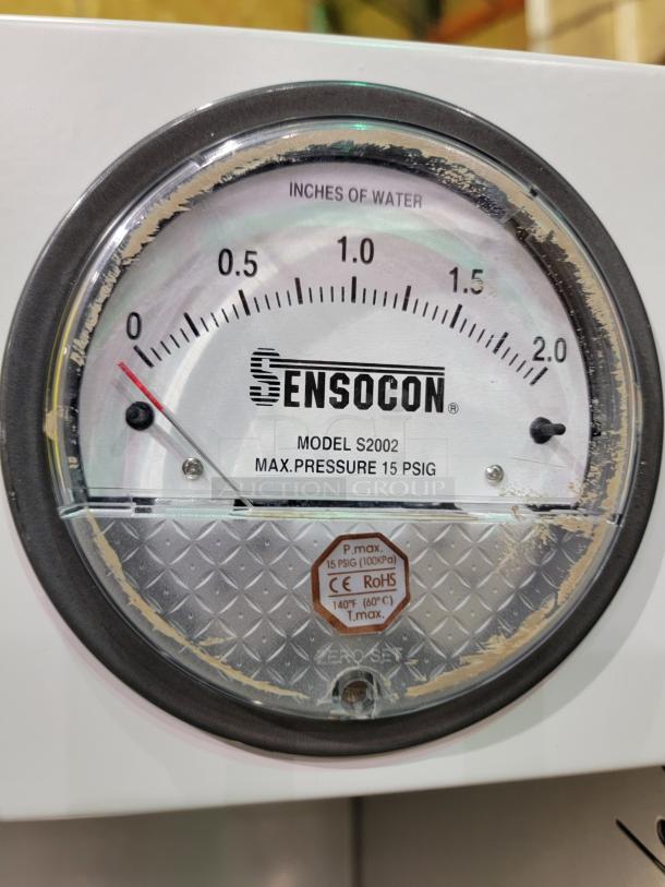 Sensocon Model S2002 pressure gauge on Baker EdgeGARD EG4252 clean bench, indicating max pressure of 15 PSIG.