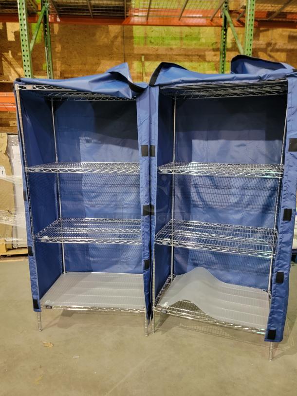 Nexel wire shelving unit with chrome steel frame, four adjustable tiers, blue nylon cover, Velcro closures, and translucent liner.