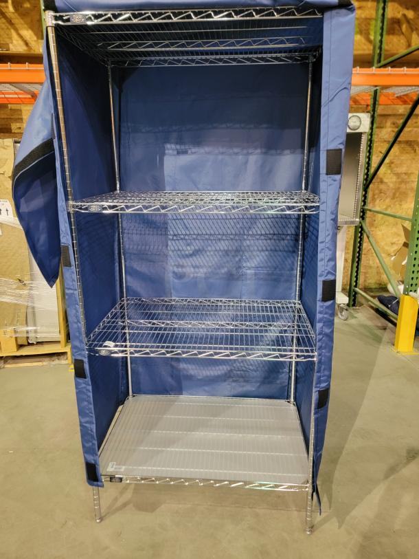 Nexel wire shelving unit with chrome frame and blue nylon cover, featuring four adjustable shelves and Velcro closures.