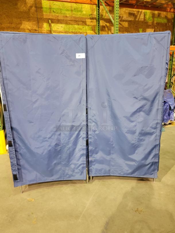 Nexel Industries wire shelving unit with blue nylon enclosure, chrome frame, adjustable wire tiers, Velcro closures, and liner.