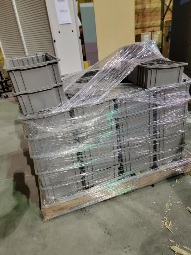 Pallet of 50 Akro-Mils 11x16x5 straight-wall storage bins, high-impact polymer, flush stacking, slotted for dividers.