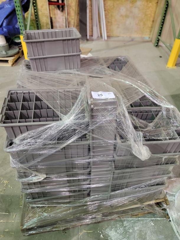 Pallet of 50 Akro-Mils 11x16x5 storage bins, high-impact polymer, straight-wall design, slotted grooves, shrink-wrapped.