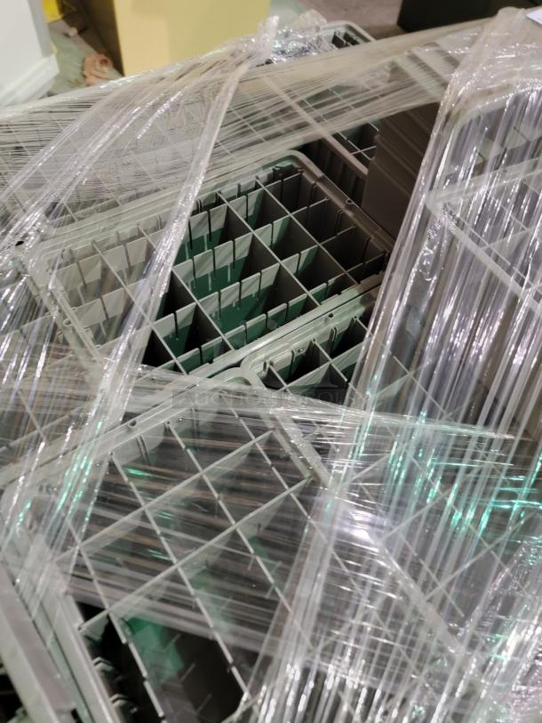 Pallet of 50 Akro-Mils storage bins wrapped in plastic. Straight-wall, high-impact polymer, slotted grooves for dividers.