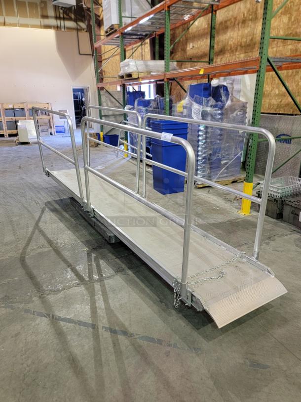 14' Alco Aluminum Walk Ramp AWR-28-14-H, 32" wide deck, serrated surface, twin-rail system, safety chains, excellent condition.