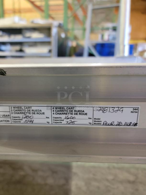 14' Alco Aluminum Walk Ramp AWR-28-14-H label showing model details and capacities; 2-wheel cart 1200 lbs, 4-wheel cart 1600 lbs.