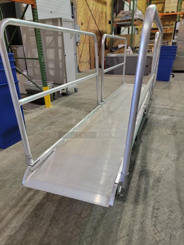 14' Alco Aluminum Walk Ramp AWR-28-14-H; 32" wide, serrated surface, twin-rail system, reinforced apron, safety chains.