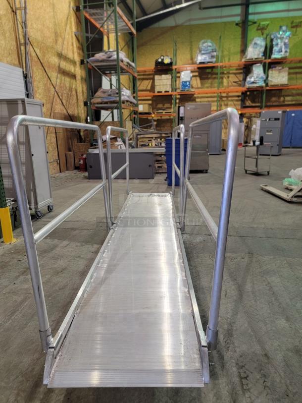 14' Alco Aluminum Walk Ramp AWR-28-14-H with 32" wide serrated deck, integrated twin-rail system, in excellent condition.