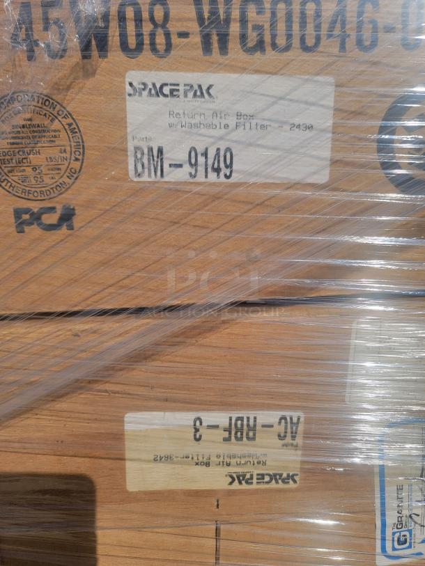 New in box SpacePak high-velocity HVAC components, tags indicate part BM-9149 with washable filter. Wrapped for protection.