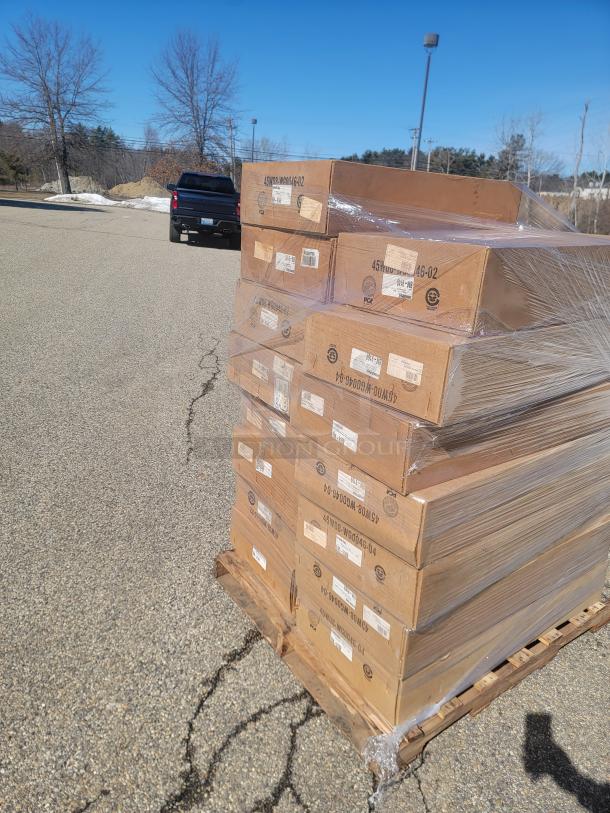 Pallet of new SpacePak HVAC components in boxes, sealed for inventory liquidation. Includes various models and installation accessories.