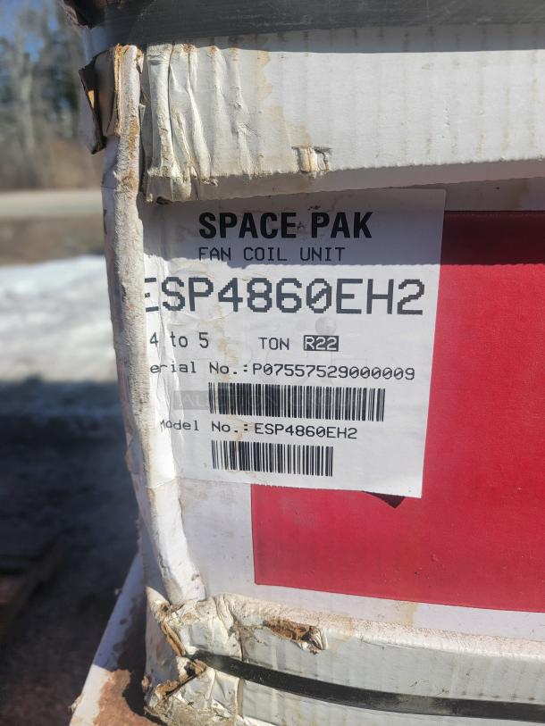New SpacePak fan coil unit in box, model ESP4860EH2, 4 to 5 ton capacity, R22 refrigerant. Box slightly worn.
