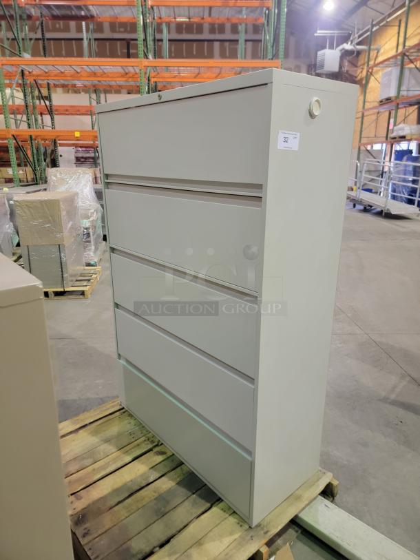 Herman Miller Meridian five-tier lateral file cabinet, neutral finish, stackable, smooth drawers, lockable with keys, model number 32.