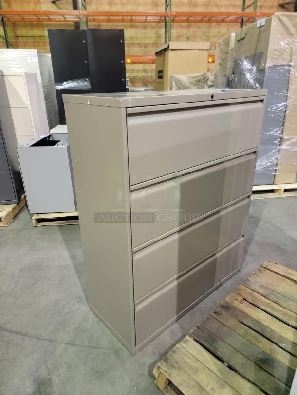 Herman Miller Meridian stackable lateral file cabinet, tall five-tier unit, neutral tone, smooth-pull drawers, lockable with keys.