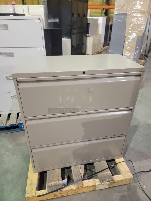 OFFICE SPECIALTY OID commercial-grade lateral file cabinet, heavy-gauge steel, neutral finish, with central locking system.