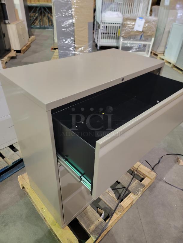 OFFICE SPECIALTY lateral file cabinet, commercial-grade steel, neutral finish, ball-bearing slides, interlock system, keys included.