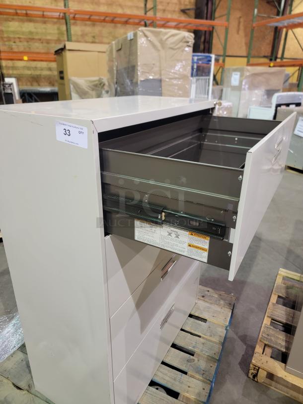 OFFICE SPECIALTY OID LOT featuring two heavy-gauge steel lateral file cabinets, neutral finish, ball-bearing slides, interlocking system.