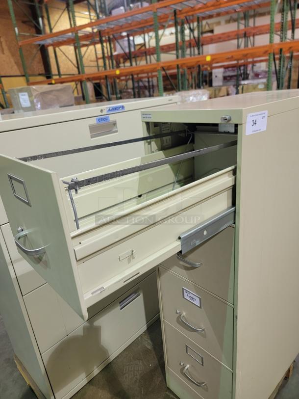 4-drawer lateral and vertical filing cabinets. Steelcase offers extra-wide drawers with recessed pulls. Hon provides deep, space-saving vertical drawers with traditional handles. Both made of reinforced steel.