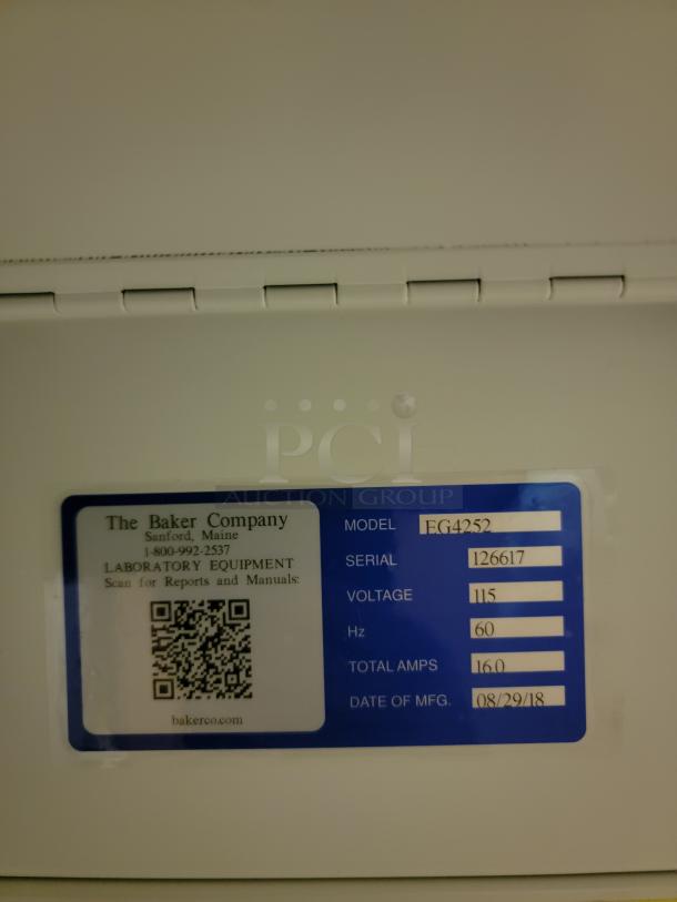 Brand new Baker EdgeGARD EG4252 label showing model, serial number 126617, voltage 115V, and manufacture date 08/29/18.