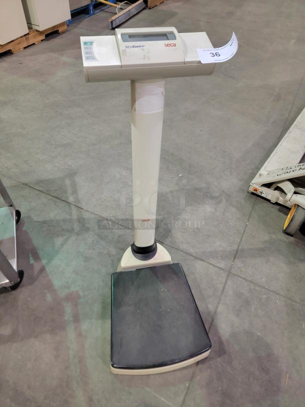 Seca 703 digital scale with cast-iron base, BMI, hold, tare functions, 550 lb capacity, wheels for mobility, excellent condition.