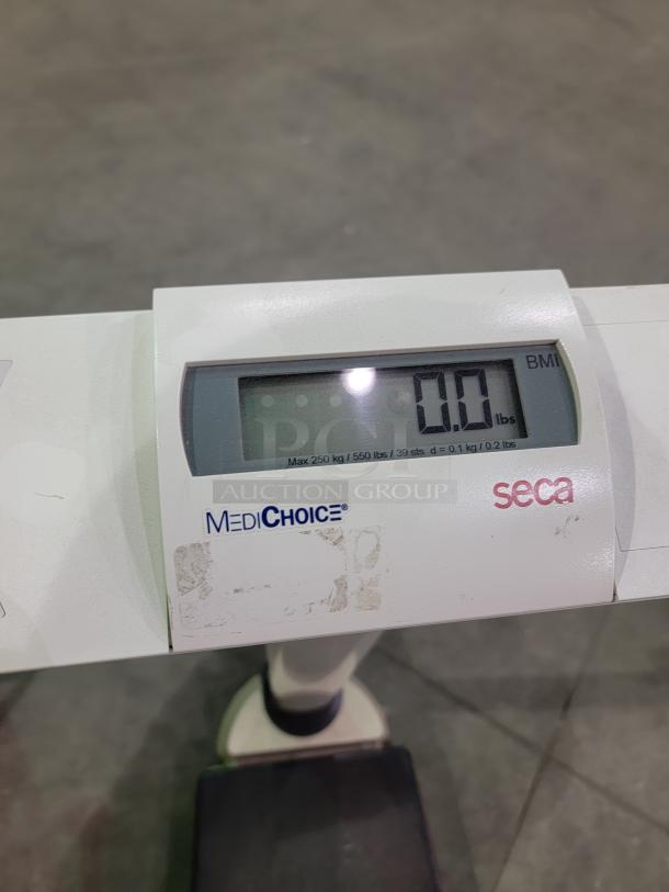 SECA 703 digital scale with BMI, hold, and tare functions. Features a robust cast-iron base, 550 lb capacity, battery-powered with wheels.