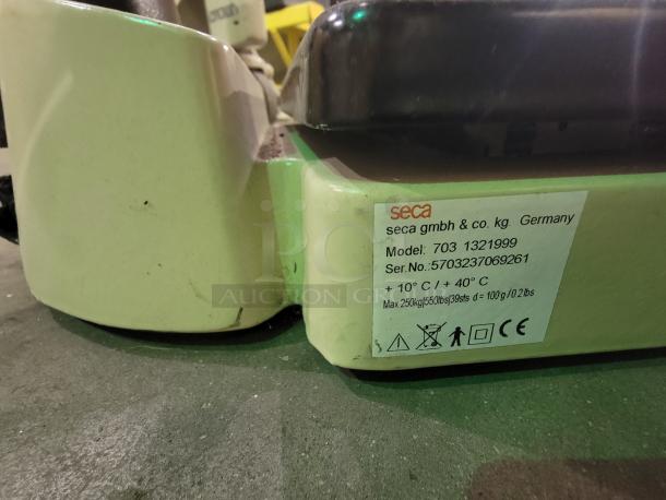 Seca 703 digital scale with 550 lb capacity, robust cast-iron base, and label showing model, serial number, and specs.