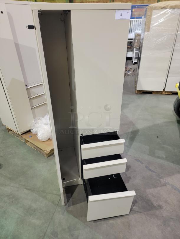 Herman Miller Meridian storage towers, featuring a full-height wardrobe and multi-drawer filing system in industrial steel.