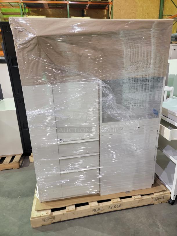 Lot of 2 Herman Miller Meridian personal storage towers, wrapped for shipping. High-capacity units, steel construction, neutral finish.