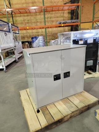 Cooper-Atkins Temp-Trak MTM500 steel cabinet with dual doors, recessed latches, 12 cubbies, powder-coated finish on wooden pallet.