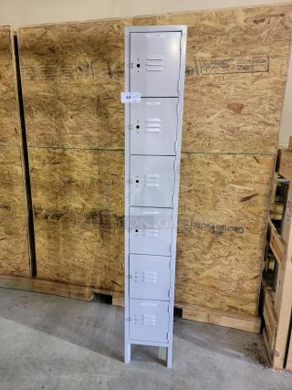 Lyon 6-Tier steel locker tower with louvers, powder-coated gray finish, and raised legs for easy cleaning access.