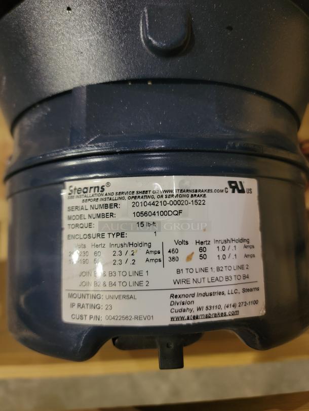 Alt text: Winsmith SE Encore E35 motor assembly with Marathon Globetrotter 3-HP AC motor. Features Stearns 1056 brake, WinGuard coating, and Mobil Glygoyle 460 lubricant. Label shows specs and Rexnord Industries details.