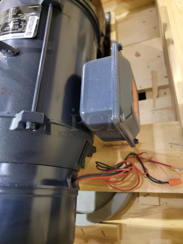 Winsmith SE Encore E35 speed reducer with Marathon Globetrotter 3-HP motor, new, with WinGuard epoxy coating and Stearns brake.