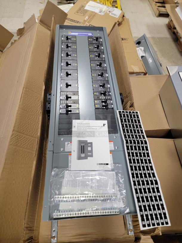 Alt Text: Square D NF Series 250A panelboard with E-Frame breakers, 3-phase, 4-wire configuration, in original packaging.