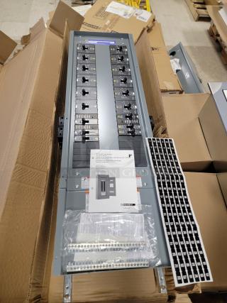 Alt Text: Square D NF Series 250A panelboard with E-Frame breakers, 3-phase, 4-wire configuration, in original packaging.