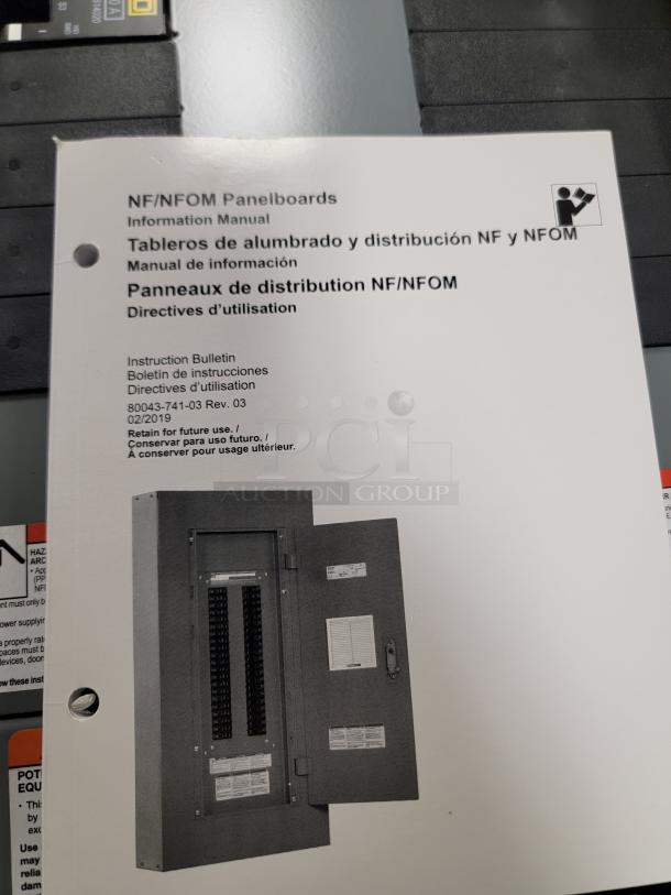 Square D NF Series 250A 480Y/277V 3-phase panelboard with E-Frame breakers. Includes manual with detailed installation instructions.
