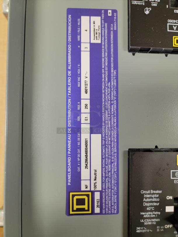 Square D NF Series 250A 480Y/277V 3-phase panelboard with E-Frame breakers, label shows model and 100% rated neutral.