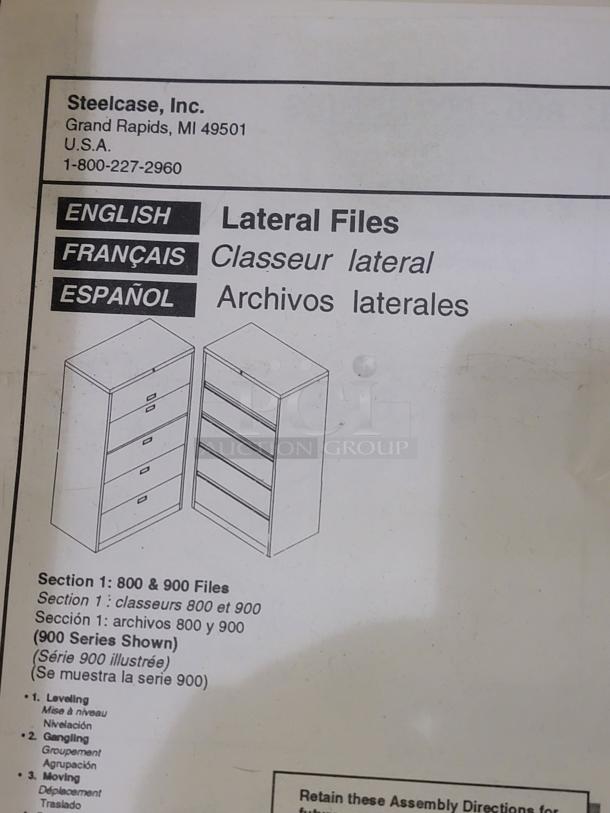 Steelcase 800/900 Series lateral file cabinet manual, showing details on assembly and designs in three languages.