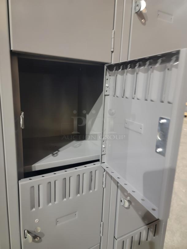 Lot of 3 Penco 6-tier box lockers in gray steel. Features ventilation louvers, recessed handles, and label holders. Palletized for transport.