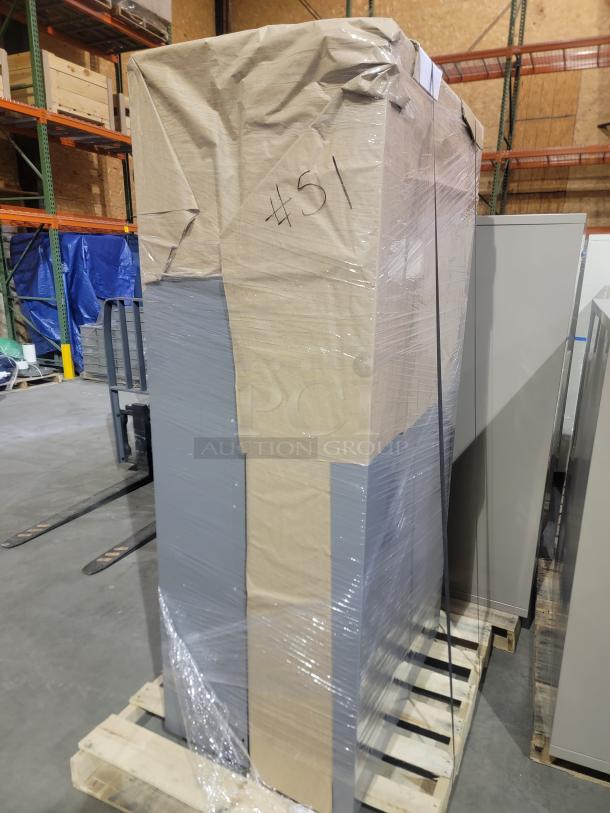 Palletized lot of three Penco 6-tier gray steel lockers, wrapped and ready for transport, marked #51.