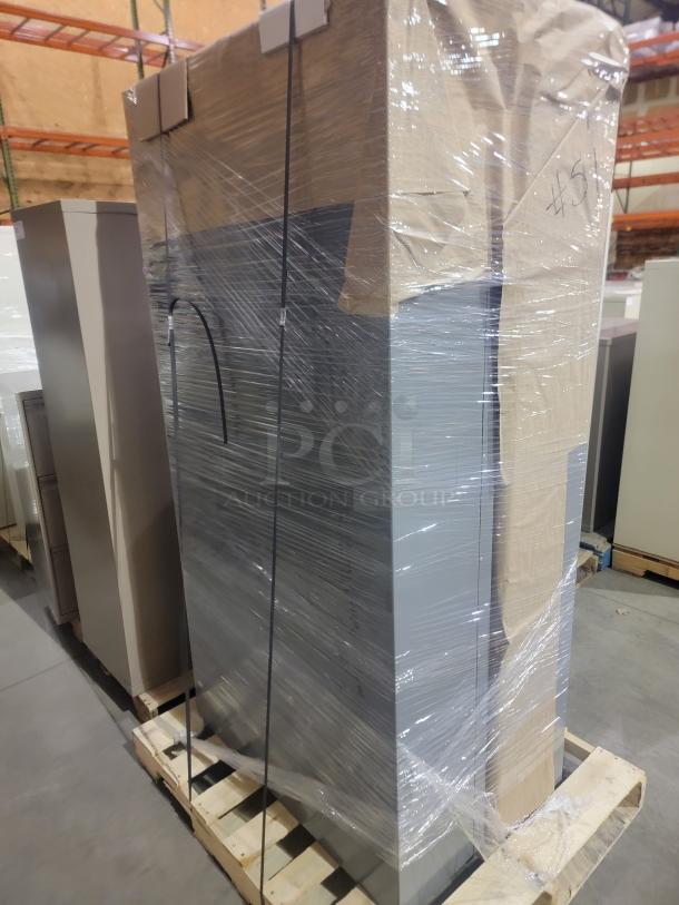 Lot of 3 Penco 6-tier box lockers, 54 compartments, steel, gray powder coat, ventilation louvers, palletized for transport.