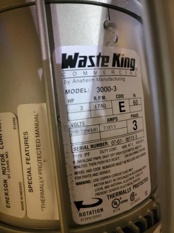 Brand-new Waste King Commercial 3000-3 garbage disposer, 3 HP, 1740 RPM, dual-direction grinding, thermally protected.