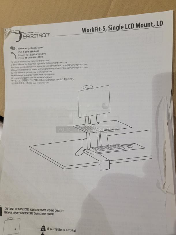 Lot of 2 Ergotron WorkFit-S workstations; includes one new in box, one lightly used. Designed for ergonomic sit-stand use.