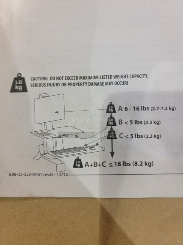 Ergotron WorkFit-S weight capacity illustration for sit-stand workstation; max 18 lbs (8.2 kg).