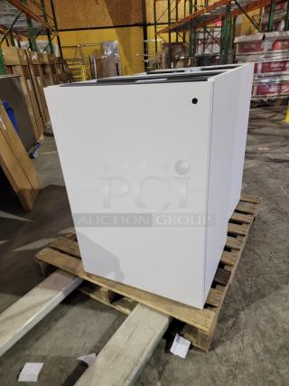 Knoll Reff Profiles locking cabinet, white with light wood-grain, European hinges, 34-inch height, commercial standard.