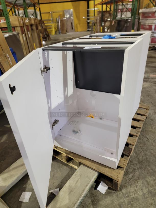 Knoll Reff Profiles cabinet, new, 34-inch high, white finish, open door, European hinges, sturdy build, on a pallet.