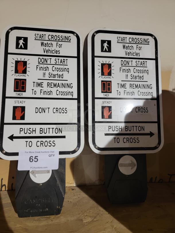 LOT OF 8 Campbell pedestrian signals with LED heads, push-button stations, sun visors, countdown timers, and USA-made signs.