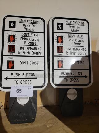 LOT OF 8 Campbell pedestrian signals with LED heads, push-button stations, sun visors, countdown timers, and USA-made signs.