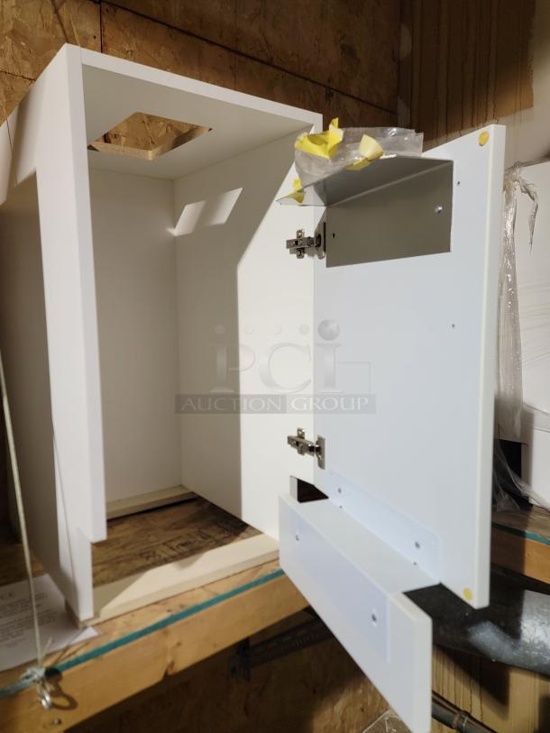 New Metro Lionville Series cabinet with open door, showing interior hinges and shelves. Premium condition, professional-grade.