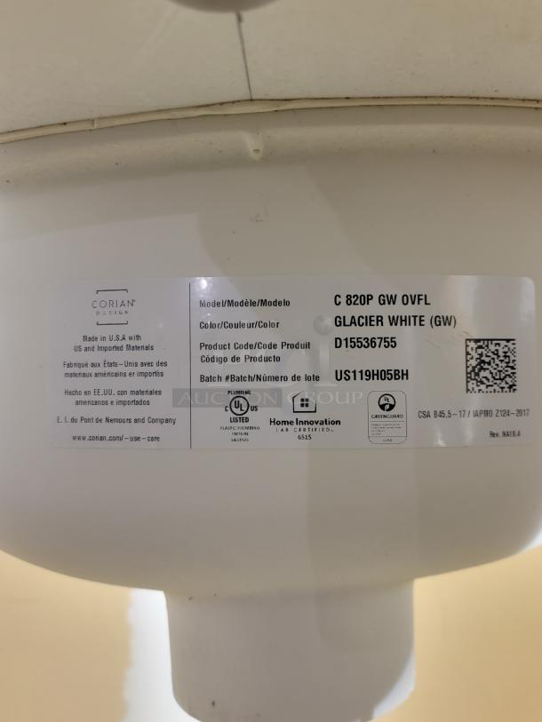 Corian Glacier White sink label, model C 820P GW OVFL, code D15536755, batch US119H05BH, US-made, plumbing certified.