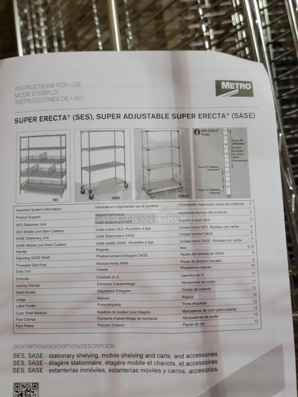Lot of six new Metro Super Erecta mobile shelving units with chrome-plated wire. Includes eight extra shelves and stem casters.