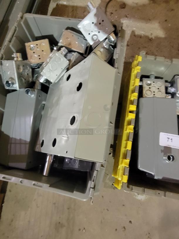 2-bin lot of industrial electrical enclosures, galvanized steel junction boxes, NEMA-rated, with pre-installed connectors.